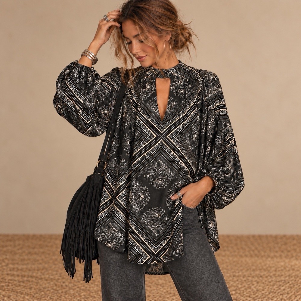 Free People Walking On A Dream Tunic M Black Scarf Print Boho 70s Revival Floral
